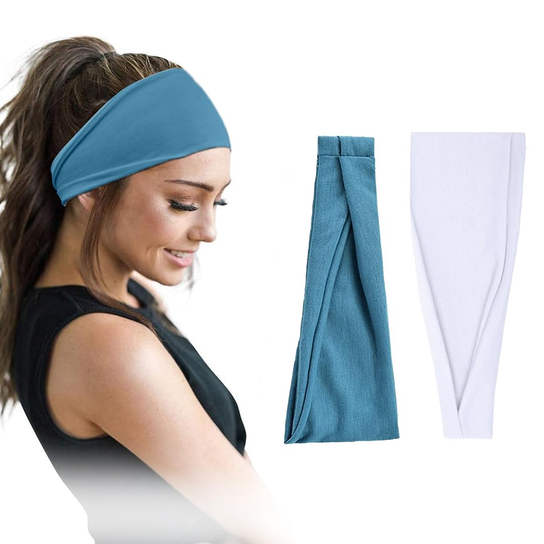 Cotton Headbands for Women and Men, 95% Egyptian Cotton, Pack of 2, Non-Slip, Wide Style (White&Petrol, One Size)