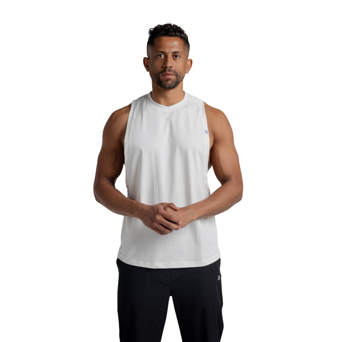 Men’s Cotton Low-Cut Tank Top (White) Lightweight Muscle Stringer for Gym & Bodybuilding. Breathable Sleeveless Training Shirt. Standard Fit #242