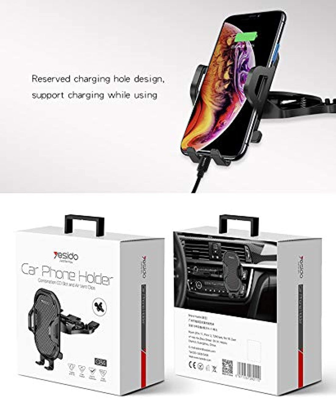 Yesido Universal Car Phone Holder for CD Slot Port,Flexible Design, Mount Bracket Silicone. Device Size Supported: 12/11Pro/XS MAX/XR/8, Galaxy S20/S10+/S9