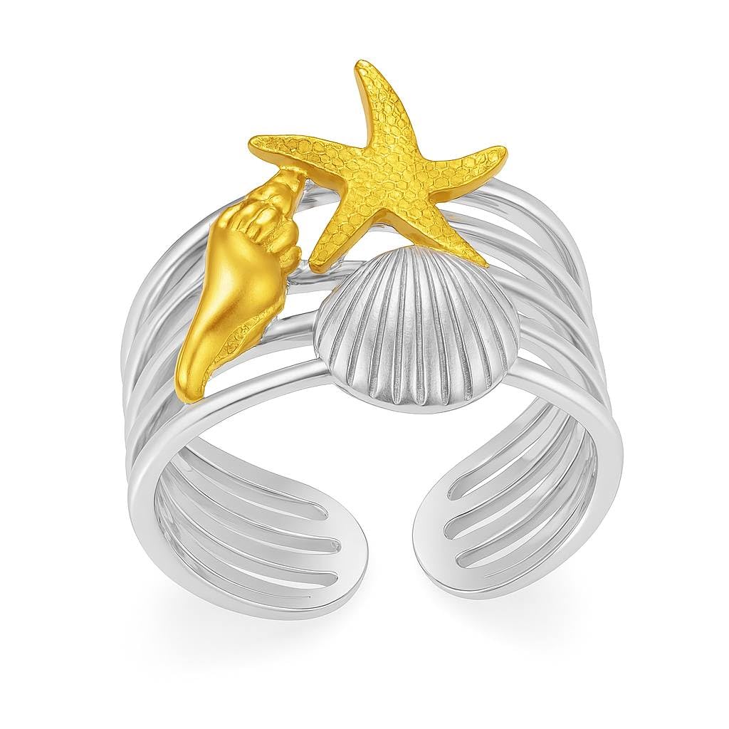 Adjustable Beach Ring for Women – Ocean-Inspired Open Band with Starfish, Shell & Conch Charms in Gold & Silver Tones, Summer Statement Jewelry