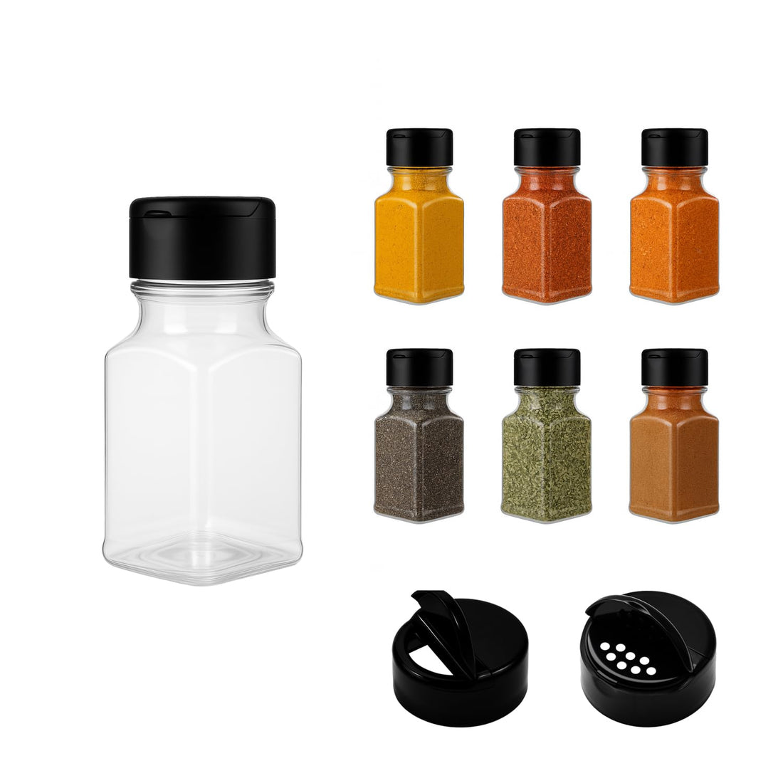 artistic 6 Pieces Clear White Plastic Spice Jar with Black Lid - High Quality and Healthy Plastic for Refill and Storage (Choose the Right Shape) by artistic (Model 3)
