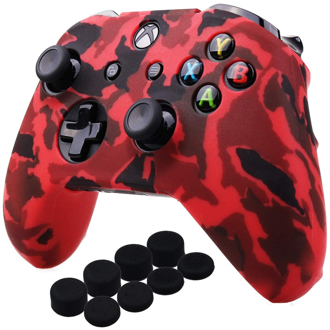 eWINNER Soft Silicone Gamepad Pad Joystick Case Skin Protective Cover & 8 x PRO Thumb Grip Caps Set compatible with Microsoft Xbox One/S/X Wireless Controller Grip Case (Camo Red)