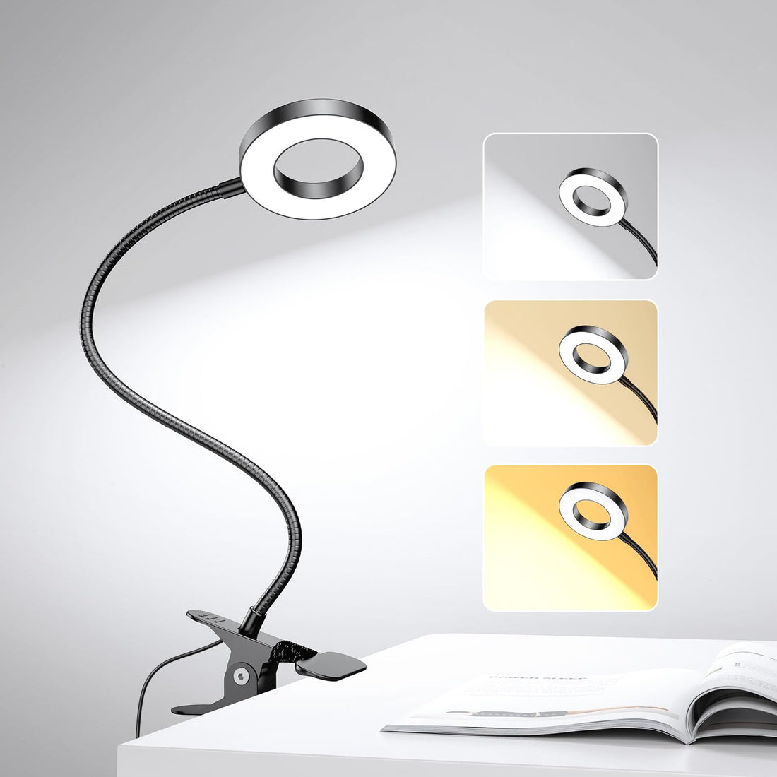 LED Desk Lamp Clip on Light with 3 Color Modes 10 Brightness Levels, 360 Flexible Gooseneck, Eye Protection, USB Charging, Black