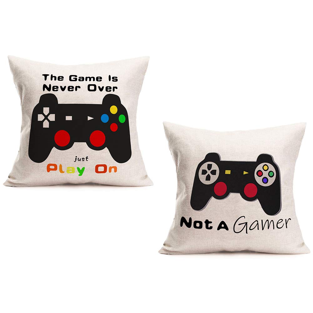 Pillow Covers 18X18 Inch Set of 2 Gamer Game Controller Throw Pillow Covers The Game is Never Over Just Play On/Not A Gamer Lettering Words Decor Pillowcase