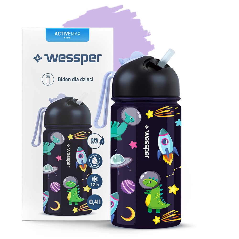 Wessper Children's Drinking Bottle with Straw, 410 ml, Stainless Steel, Leak-Proof, Feather-Light, 1-Click Closure, BPA-Free, for Nursery or School, Sports - Black with Space Motif