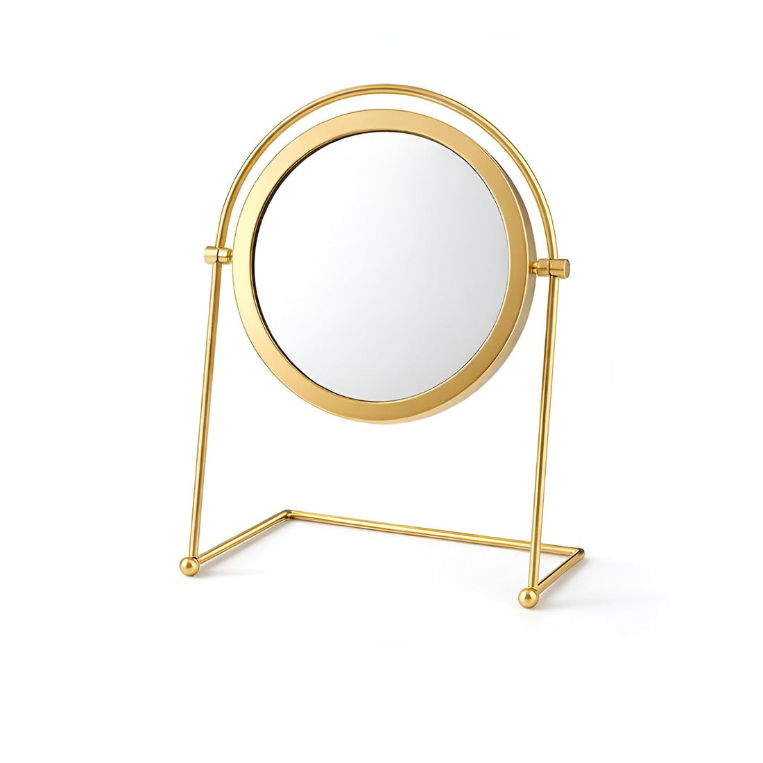 Luxury Round Mirror - Gold metal stand, 360° rotation, 14.5cm diameter, 25.5cm height, ideal for daily beauty rituals with elegant, stable design.
