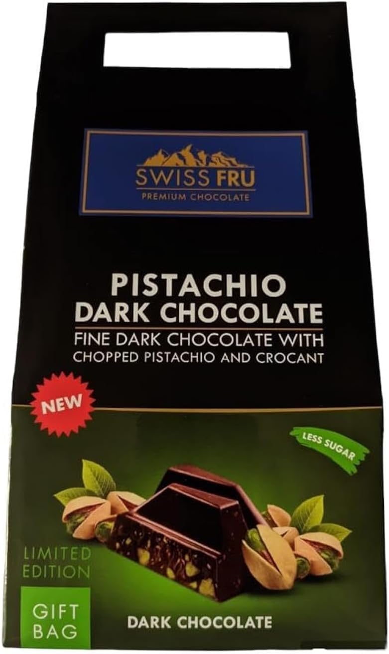 Swiss Fru Pistachio Dark Chocolate with Chopped Pistachio and Crocant, Less Sugar, Limited Edition, Gift Bag, 110g