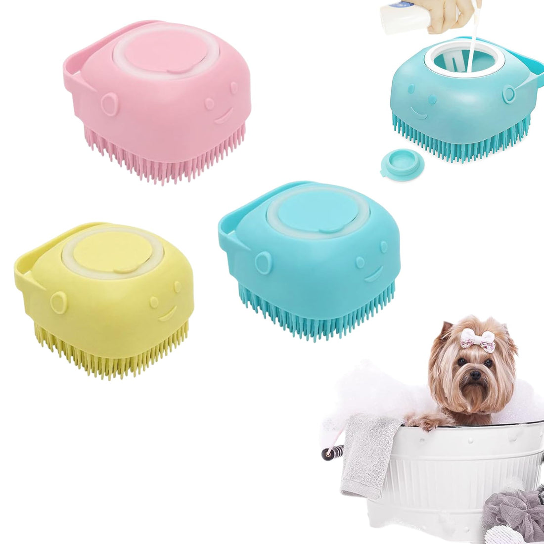 Silicone Pet Brush with Shampoo Dispenser, Pet Massage Brush, Shampoo Brush, Bubble Brush for Bathing, 3 Colours, Soft Bristles for Dogs and Cats, Non-Slip Handle