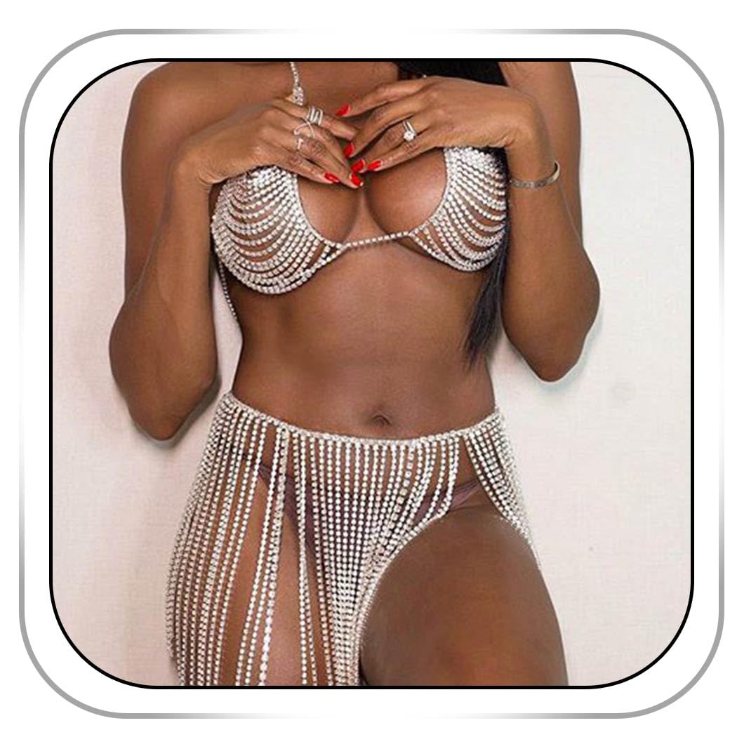 CanB Rhinestone Body Chain Suit Tassel Body Waist Belly Chain Skirt Crystal Body Chain Bra top Festival Jewelry for Women and Girls (Style-2)