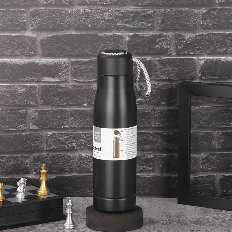 Thermal Mug 550ml Portable Reusable Lid Keep Hot 10Hrs / Cold 30H Stainless Steel Vacuum Insulated Black Sports Water Bottle