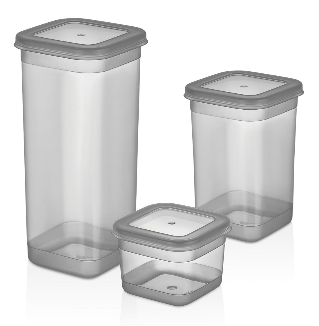 Volora Clear Plastic Storage Containers, Set of 3, Grey Lid, Multi Size, for Kitchen