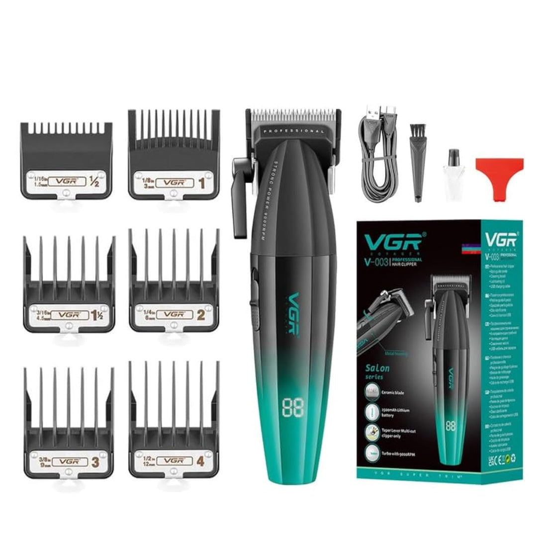 Vgr V-003 Ultra Premium Professional 9000 Rpm 2 Speed Hair Clipper Set Metal Housing Ceramic & Powder Metallurgic Blade Digital Display 2500 Battery 4 Adjustable Taper Lever 6 Guide Comb (Green)