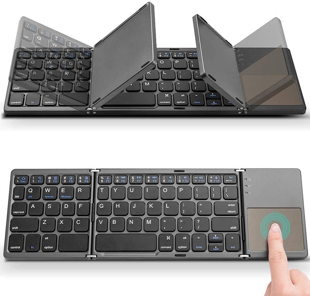 Folding Bluetooth Keyboard, Rechargeable Tri-folding Wireless Foldable Mini Keyboard with Touchpad for Tablet or Other Cell Phones (Dark Gray), JP02