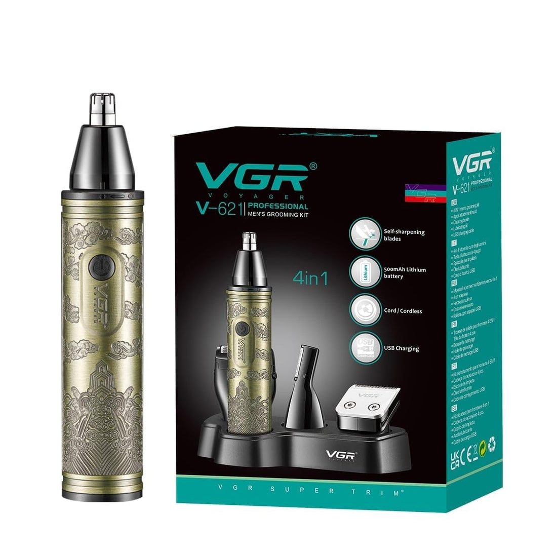 VGR V-621 Professional 4 in 1 Grooming Kit with 500mAh Lithium battery, All in one Trimmer for Men, Suitable for Face, head, Nose, Ear & Body Grooming, 90 min Runtime (Gold) 1 Year Warranty