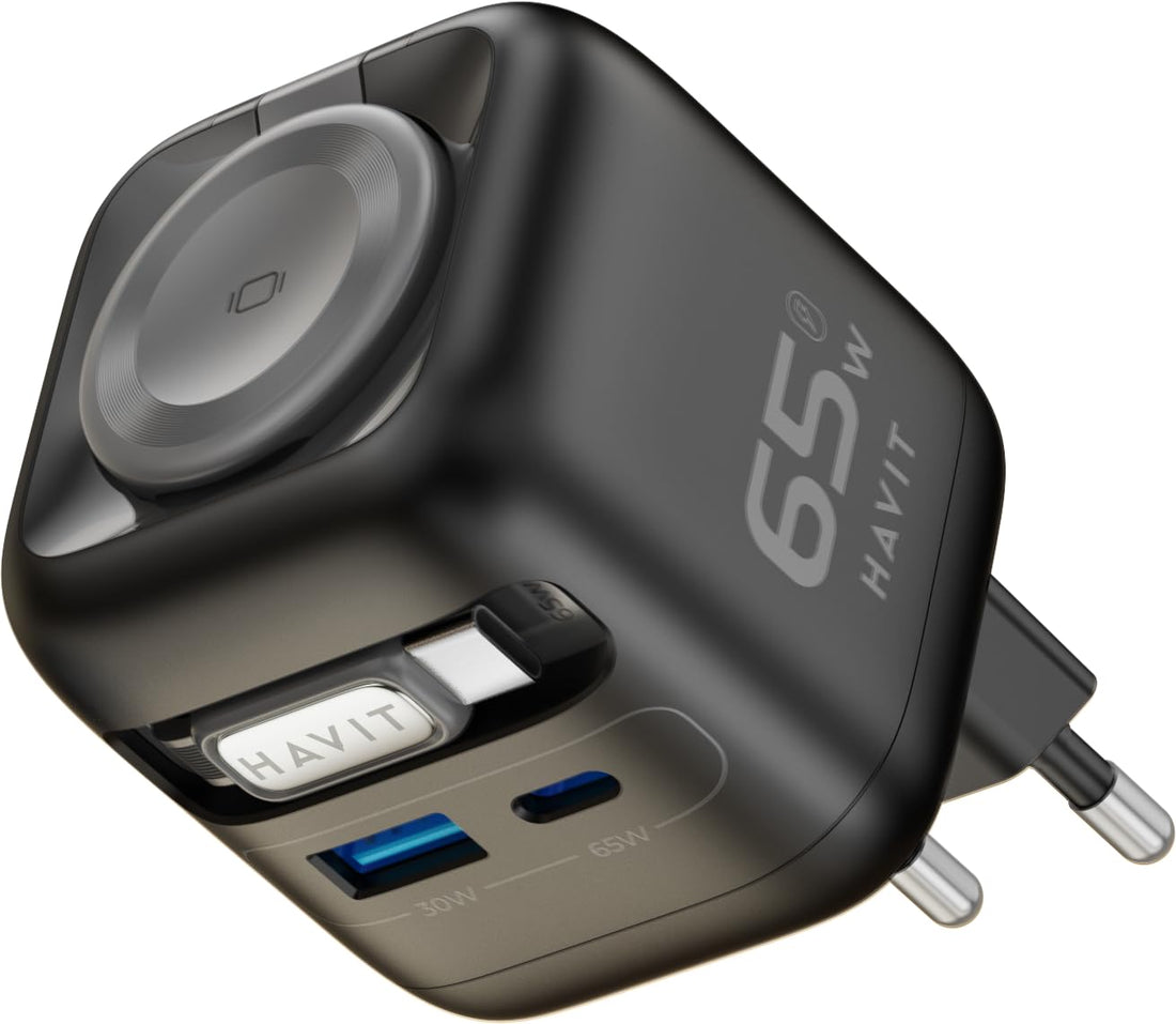 Havit 65W GaN USB-C Wall Charger with Retractable Cable, 4-in-1 Fast Charger for Smartphones, Laptops & Smart Watches, Built-in Wireless Watch Charger, Travel Adapter