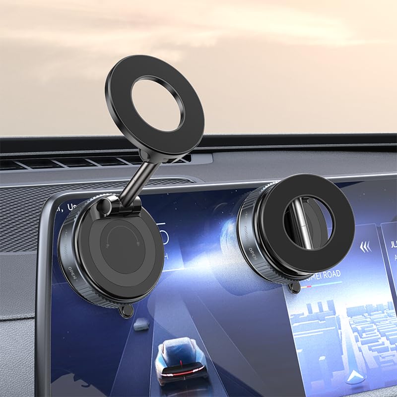 Vacuum Magnetic Suction Cup Phone Mount for Magsafe, 360° Adjustable Magnetic Phone Holder, Pocket Size Foldable Portable Cell Phone Holders for Your Car for All Smartphones & All Car Models