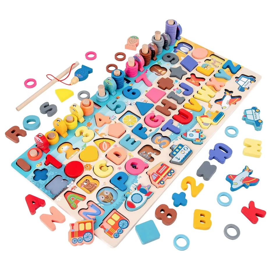 7 in 1 Wooden Puzzle for Kids Educational Geometric Letters Numbers Puzzle with Magnetic Fishing Game 45cm