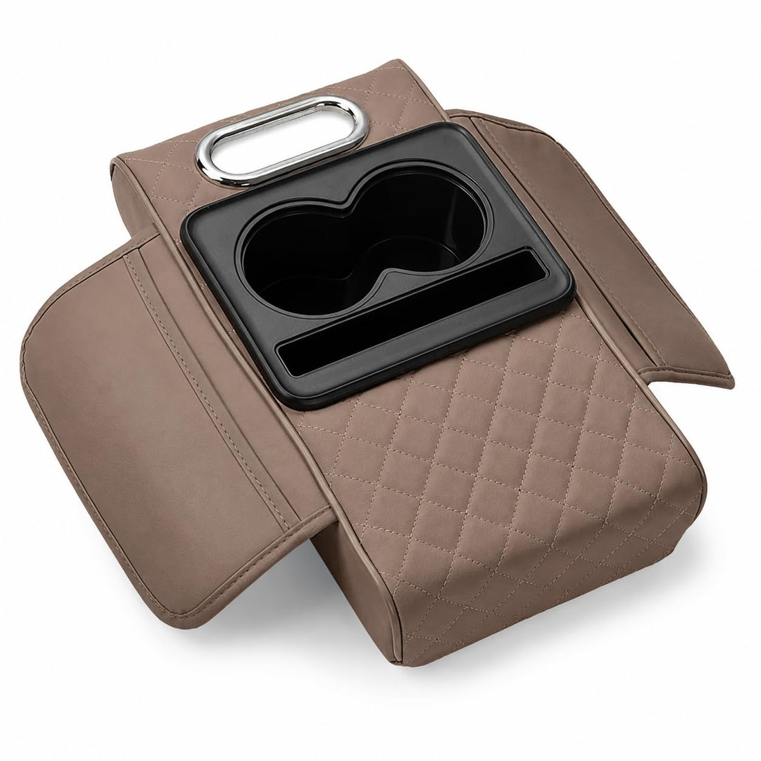 Car Armrest Pad Organizer with Dual Cup Holders and Tissue Box Holder, Faux Leather Center Console Cushion for Car Interior Brown, T-1059