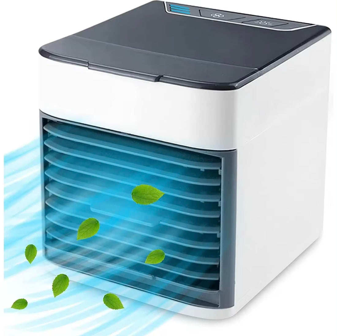 Quiet and Portable Table Fan, Powerful Noiseless Table Fan with 4 in 1 LED Light, Air Conditioner Humidifier, Purifier, 3 Speeds, Ideal for Home, Office and Travel