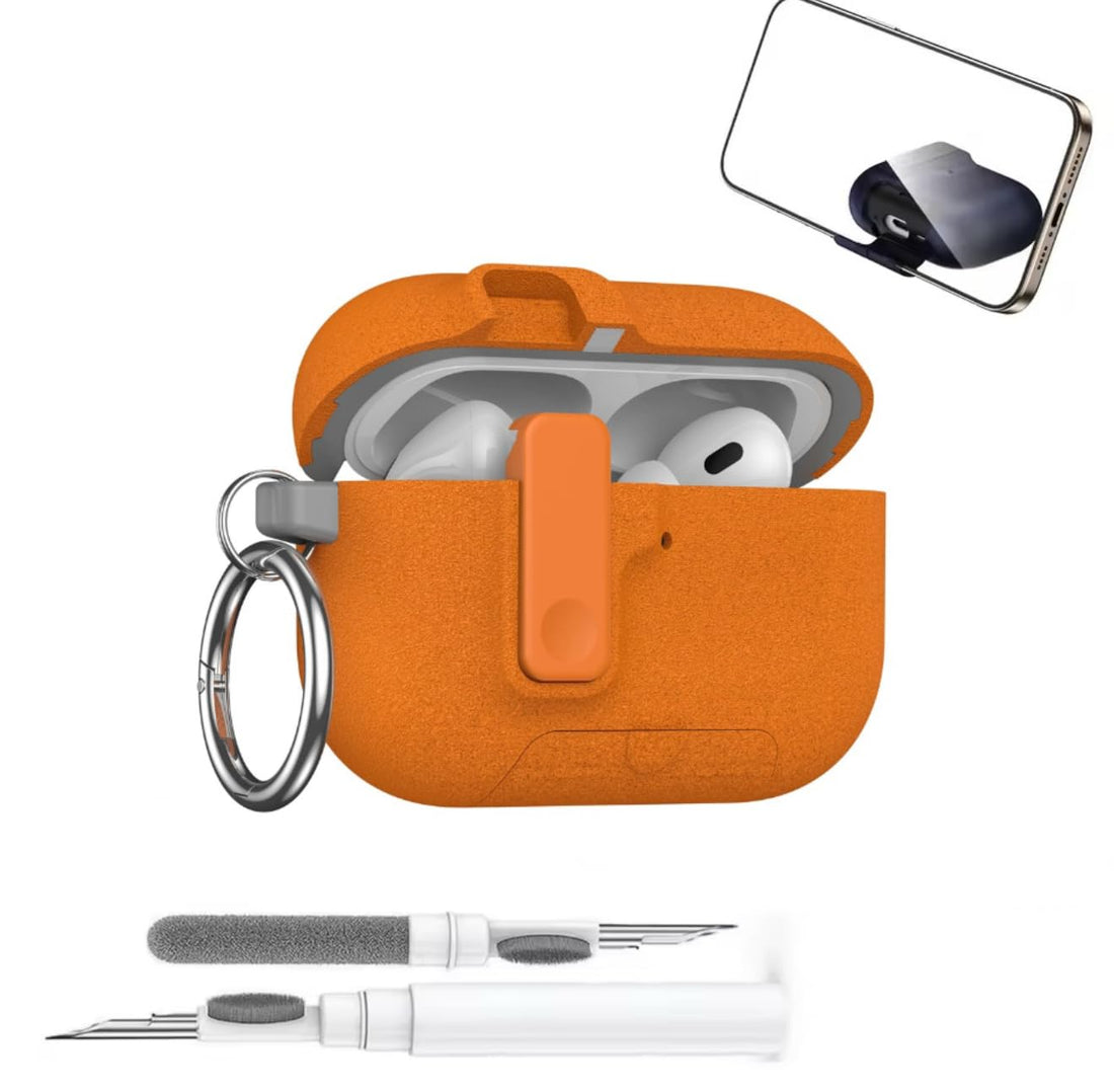 Fekra Lock Case for Apple Airpods Pro 3 (2025), Rugged Protection with Secure Lock for Airpods Pro 3 3rd Generation Cover with Cleaner Kit (Fluffy Orange, AirPods Pro 3 (2025))