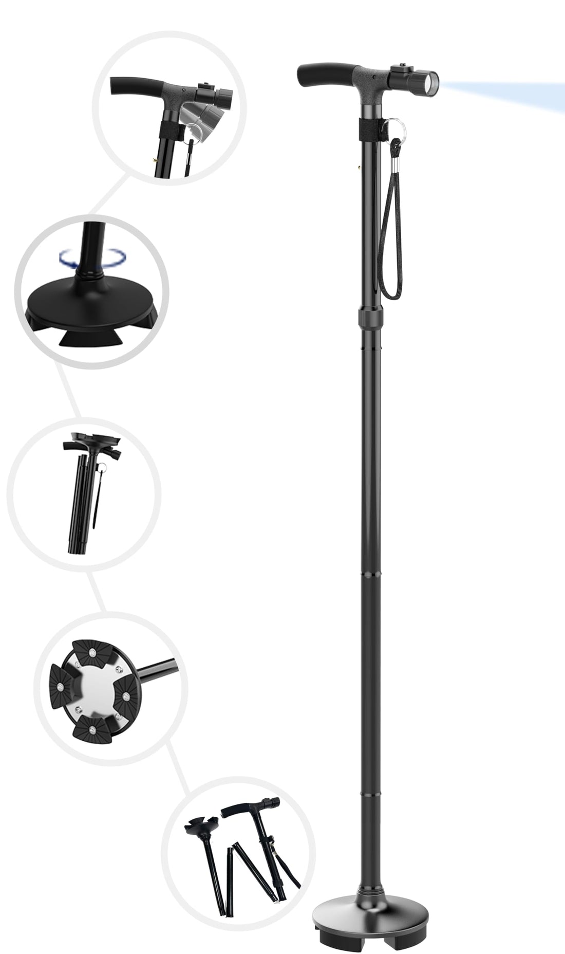 Andvari’s Floral Walking Sticks for Women & Men. Handy, Easily Adjustable Folding Walking Sticks for Ladies & Disabled, Confident Mobility and Enhanced Stability (Led Black)