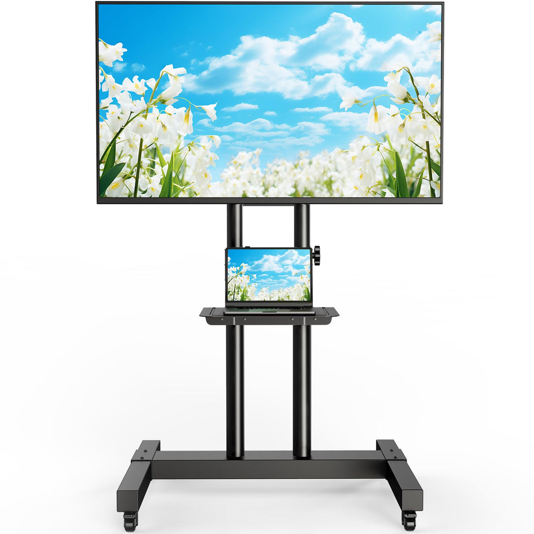 Rfiver Mobile TV Cart Rolling TV Stand for 40-83 Inch Screen Flat/Curved TVs up to 110lbs, Tilt and Height Adjustment Portable TV Stand on Wheels with Laptop Shelf, Outdoor TV Stand MAX VESA 600x400mm