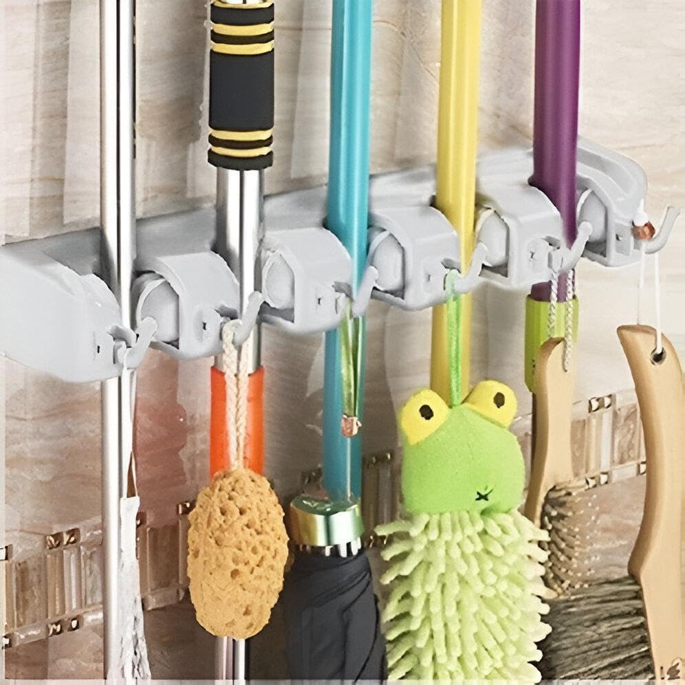 Kitchen Storage Rail - Multi-functional wall-mounted rack with five slots for brushes, towels, utensils, pots, pans, and garden tools; compact and color-friendly.