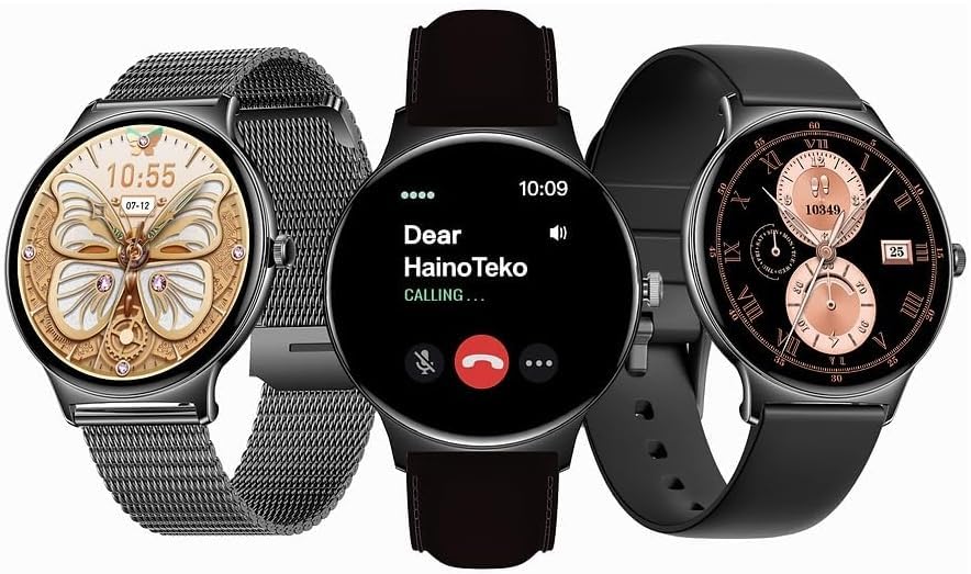 Haino Teko Germany H-5 Super Slim Smartwatch for Ladies – Elegant Round AMOLED Display Smart Watch with AI Voice Assistant, IP-Rated Waterproof Fitness Tracker, Includes 3 Premium Straps – Black