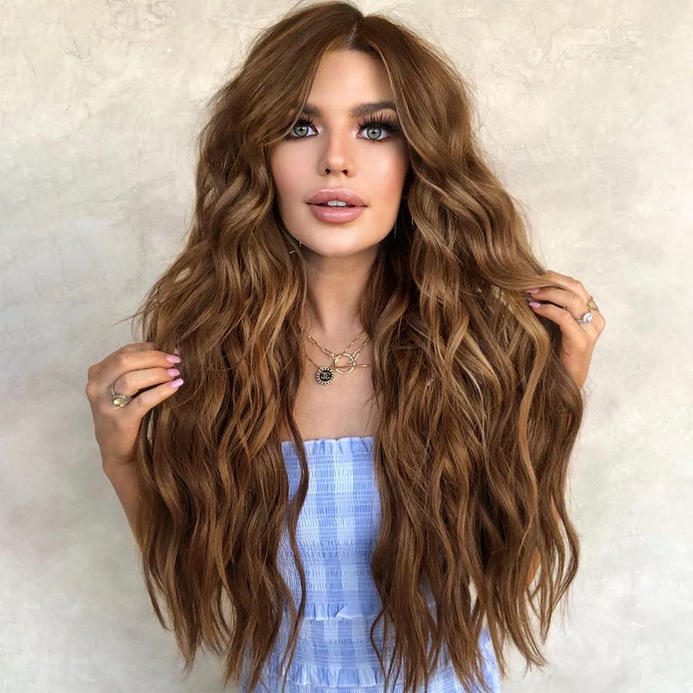 ECIF Long Brown Wavy Wigs For Women Synthetic Curly Wavy Wigs Middle Part Brown Color Hair Replacement Wigs For Daily Use
