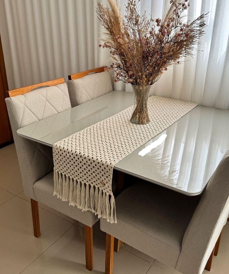 Macrame Table Runner with Tassels, Natural Cotton, 130 x 45 cm, White .flo