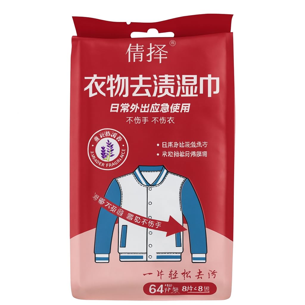 Clothing Stain Removal Wipes, 64 Pieces (8 Wipes x 8 Packs), Portable Emergency Use, Gentle on Hands and Clothes, Lavender Fragrance