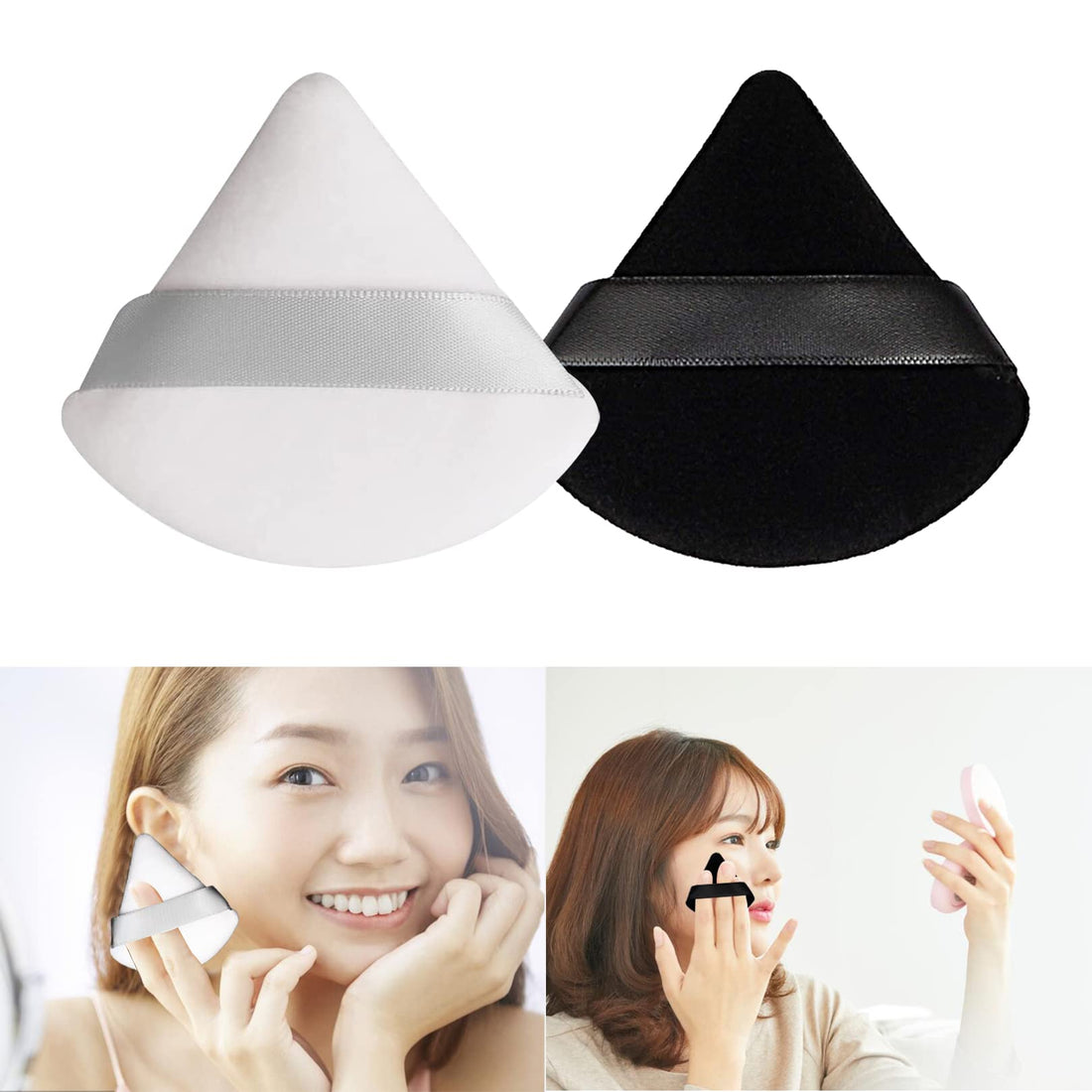 Rowwait 2 Pcs Powder Puff Makeup Puff Triangle Powder Puff Soft Powder Sponge Reusable Make up Triangle Sponges with Strap for Loose Powder(Black and White)