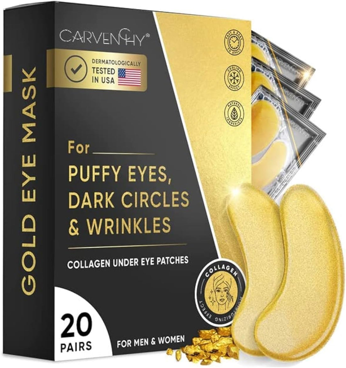 Triple Go Under Eye Patches (20 Pairs) - Golden Under Eye Mask Amino Acid & Collagen, Under Eye Mask for Face Care, Eye Masks for Dark Circles and Puffiness
