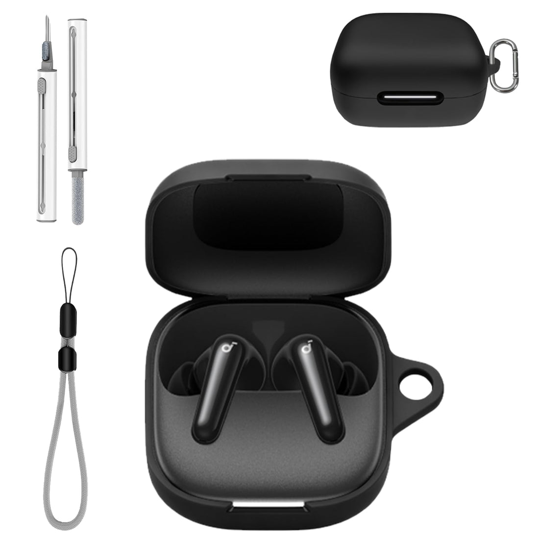 Case for Anker Soundcore P31i/Soundcore R60i NC with Cleaner Kit,Soft Skin Silicone with Keychain and Lanyard,Full Protective Case for Men and Women-Black