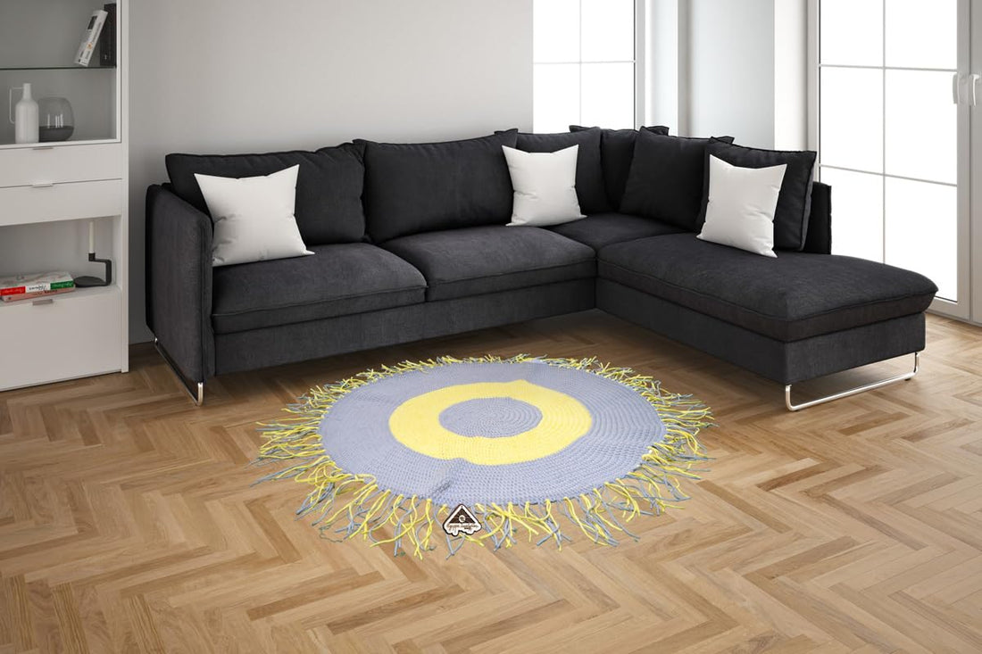 Egypt Antiques Intex Round Carpet Or Rug 100% Natural Cotton Handmade Yellow X Light Grey