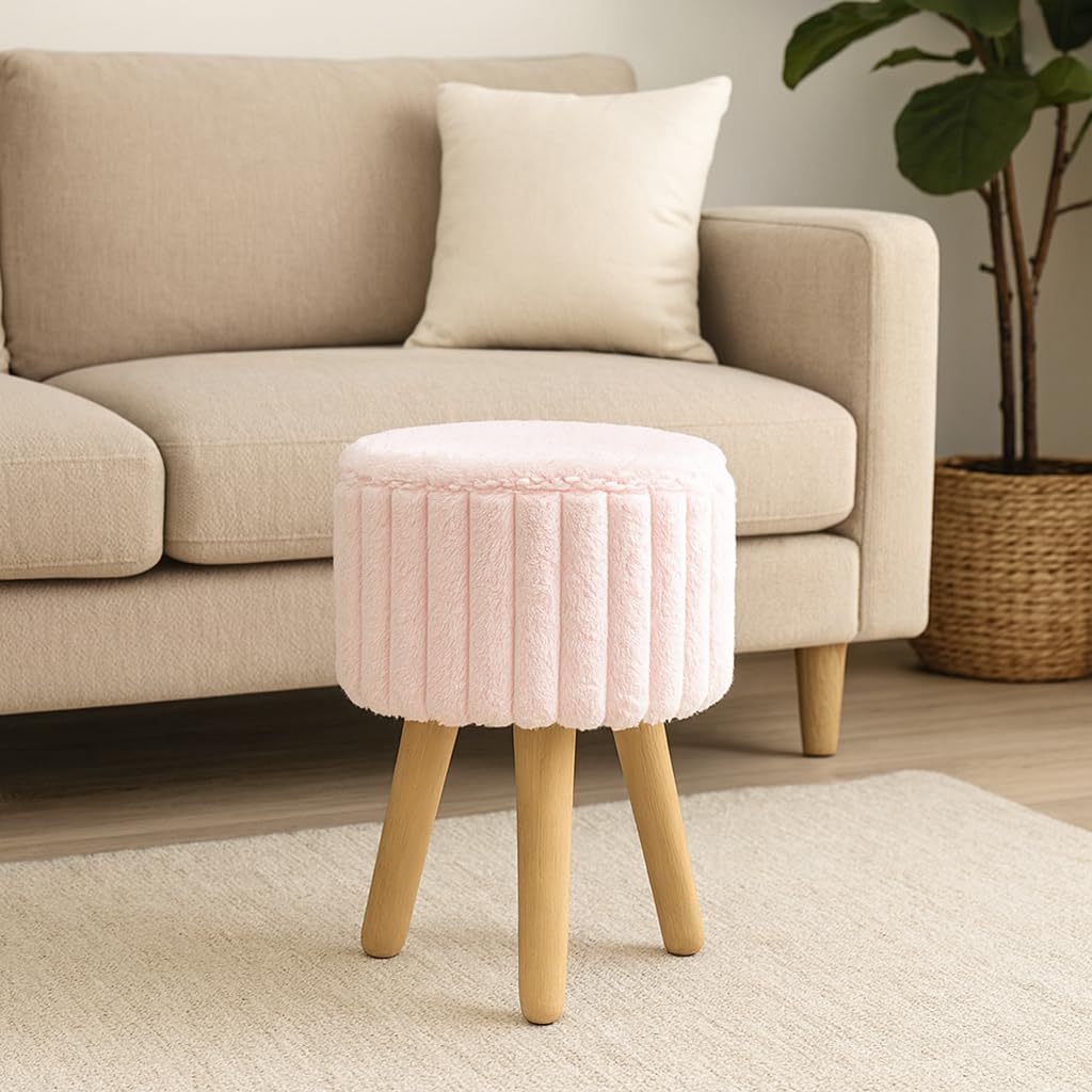 ZohnyHome White Faux Fur Stool with Wooden Legs – Modern Accent Ottoman, Plush Vanity Stool, Footrest & Side Table for Living Room, Bedroom, or Salon (Pink)