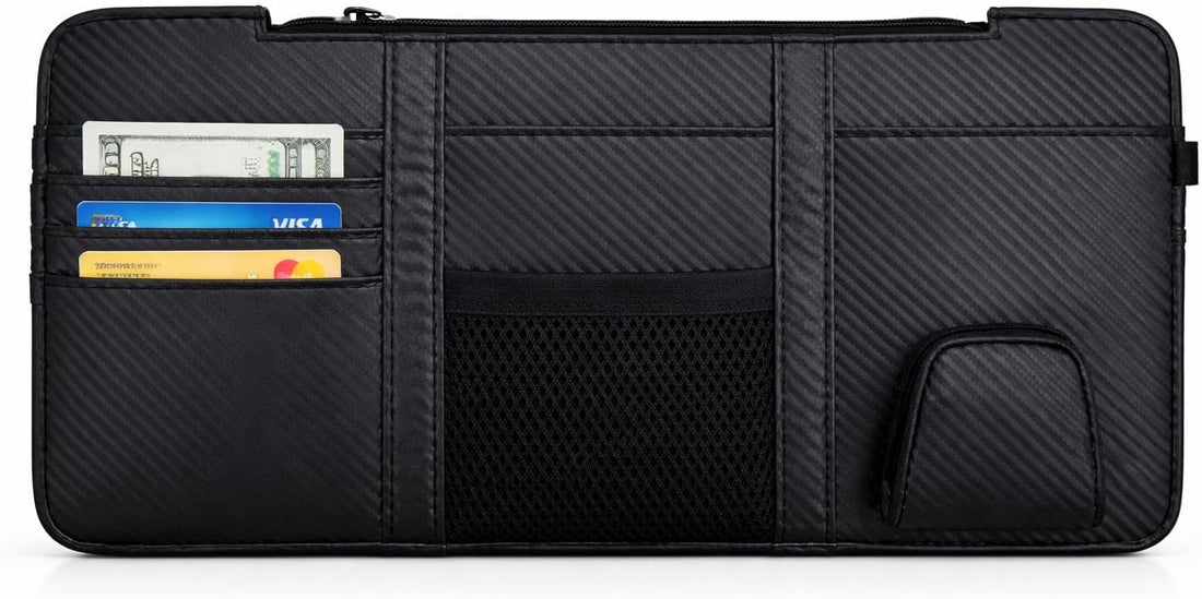 Leather Car Visor Organizer – PU Leather Sun Visor Storage with Card Slots, Mesh Pocket, Magnetic Sunglasses Clip, and Pen Holder – Universal Fit for Cars and SUV (Black Carbon Fibre (Large))