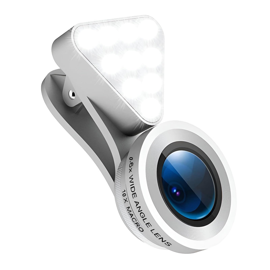Plan A Rechargeable LED Selfie Light, Multi-Level 10X Macro Camera Lens & 0.65 Wide Angle Photography Mobile Phone Clip for Macro Wide Angle Selfie Light Video Shooting (Silver)