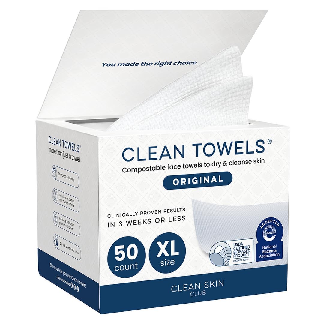 CLEAN SKIN CLUB CSC CT Clean Towels XL/World's First Biodegradable Face Towel/Disposable Makeup Removal Wipes/Super Soft 50 Count Single Box White