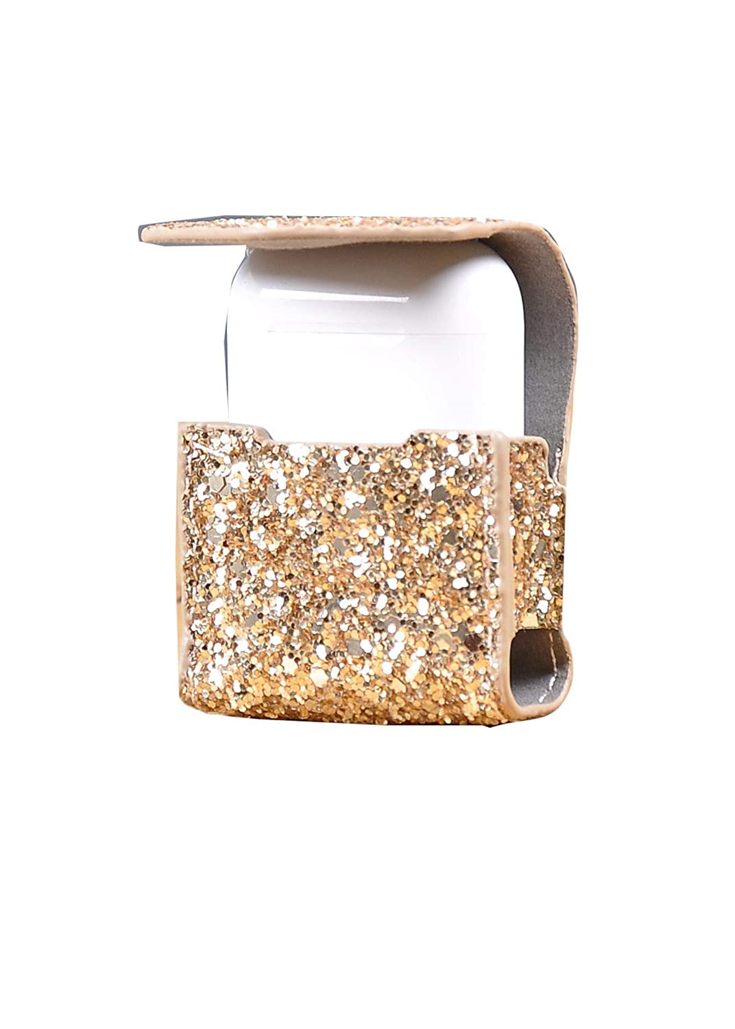 Leather Cover with Anti-lost Keychain Glitter Sparkle Leather Sleeve Skins Case for Apple AirPods Wireless Earphone (3D Glitter Gold)