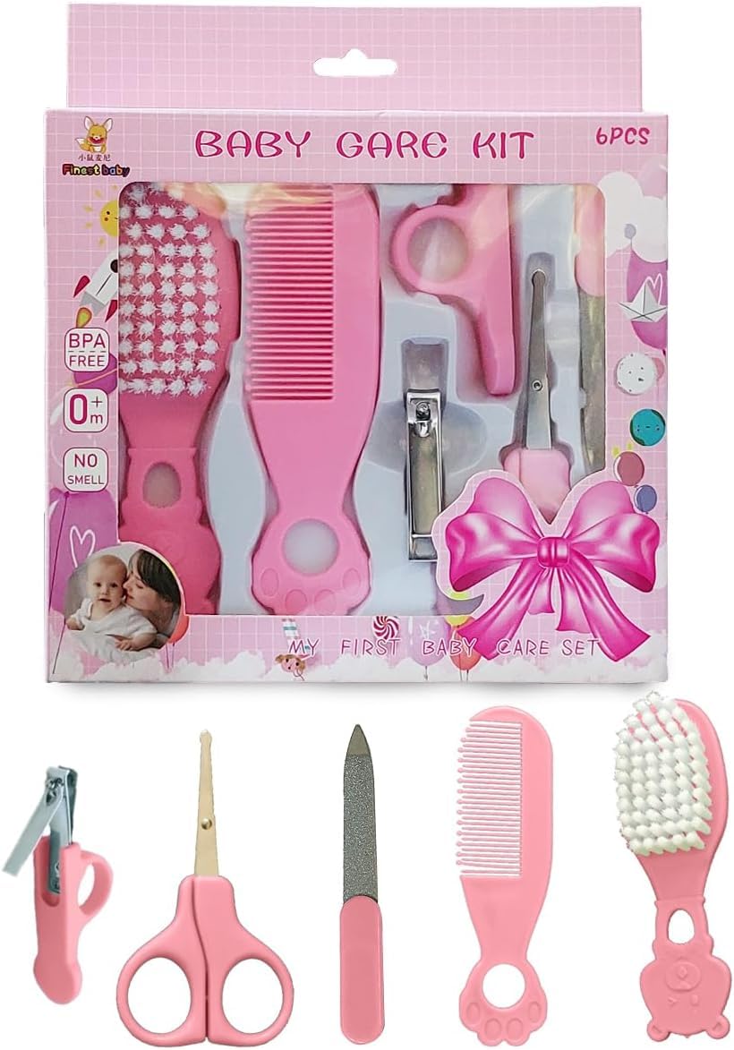 Baby Grooming Kit for Newborns 6 Pcs Nail Clippers Hairbrush Scissors Baby Nail Care Set Infant Manicure Cleaning Kit for Toddlers Kids Daily Hygiene Essentials (Pink)