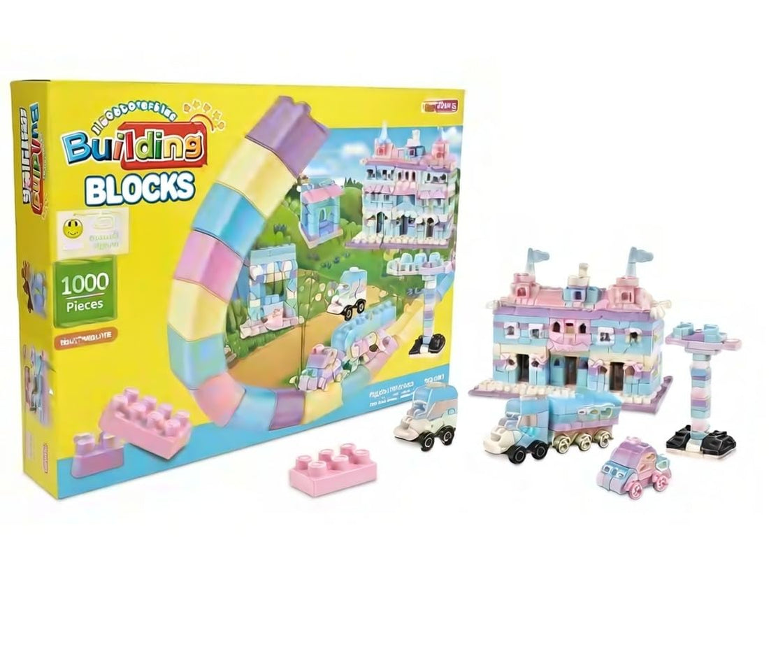 Colorful Building Blocks for Kids, 1000 Pieces Pastel Pink Blue Purple Color with Castle and Vehicles Creative Educational Toy