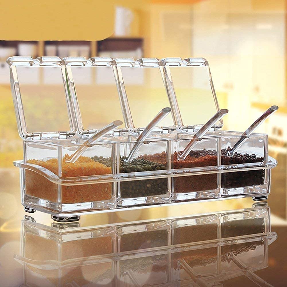 THEODORE Crystal Seasoning Acrylic Box Pepper Salt Spice Rack Plastic 4 Box with Spoons Kitchen See Through Storage Containers Cooking Tools Unbreakable Dining Table Storage of Spices