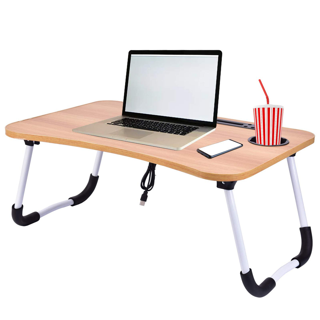 Laptop desk, foldable laptop bed table, portable bed tray table notebook stand with foldable legs & usb/cup slot for eating breakfast, reading, watching movie, and children studying (wood usb)