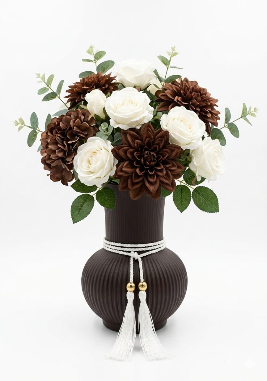 Decorative Ribbed Vase with Gold Tassel Rope for Home (Brown)