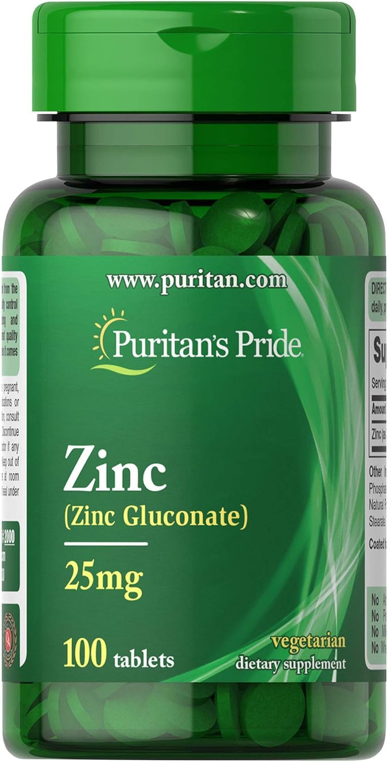 Puritan’s Pride Zinc Gluconate, 25mg, Vegetarian Dietary Supplement, Daily Mineral Support, 100 Tablets, Made in USA
