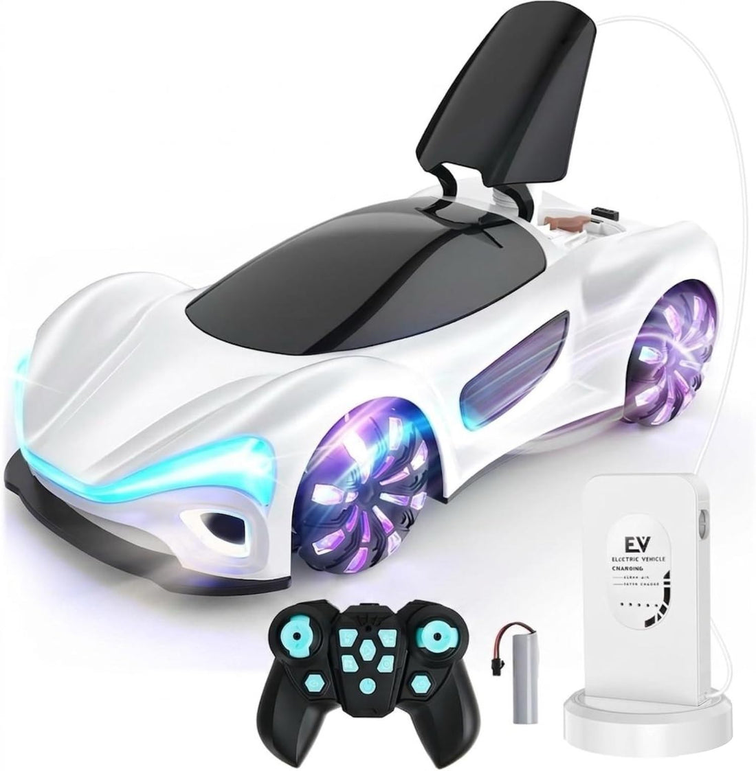 TOYS LAND Futuristic Remote Control Car Toy, RC Dreift Car with 360° Rotation, Mist Spray, LED Light & Sound, 2.4GHz RC Cars with Charging Dock, Sport Racing Hobby Vehicle for Kids Boys 6+ (White)