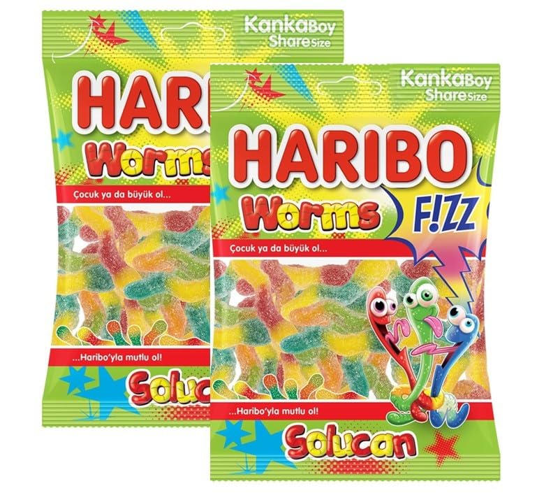 Haribo Worms Fizz Fruit Flavoured Gummy Sweets, 70g, Pack of 2