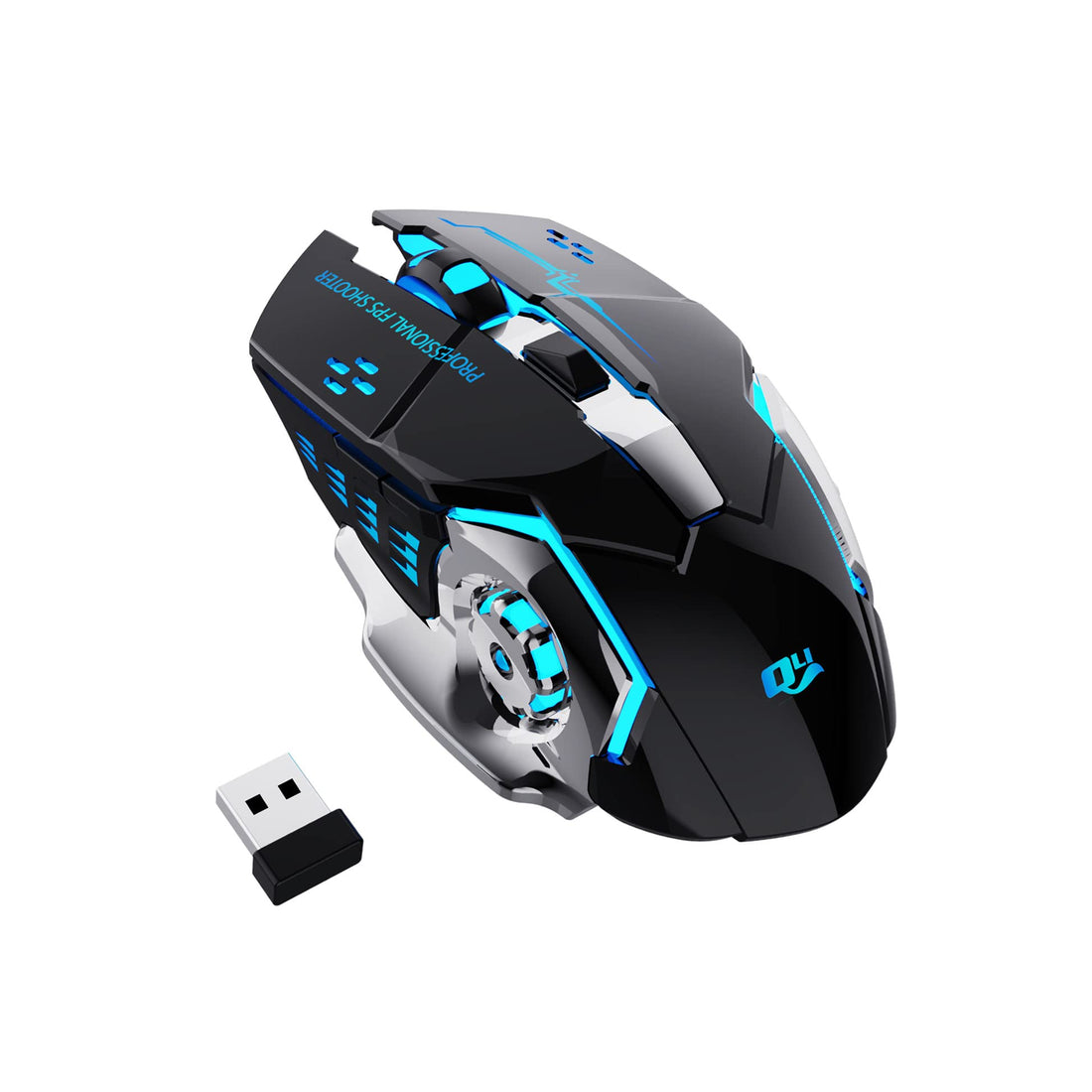 QELIROKY QV13 New 2.4G Wireless Rechargeable Gaming Mouse Silent Click with 6 Buttons, 3 Adjustable Levels DPI, Colorful LED Lights for Laptop, iPad, MacOS, PC, Windows, Android (Black)