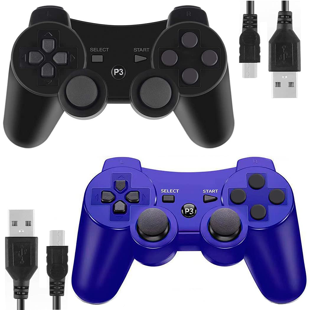 Wireless Controllers for PS3 Playstation 3 Dual Shock (Pack of 2, Black and Blue)